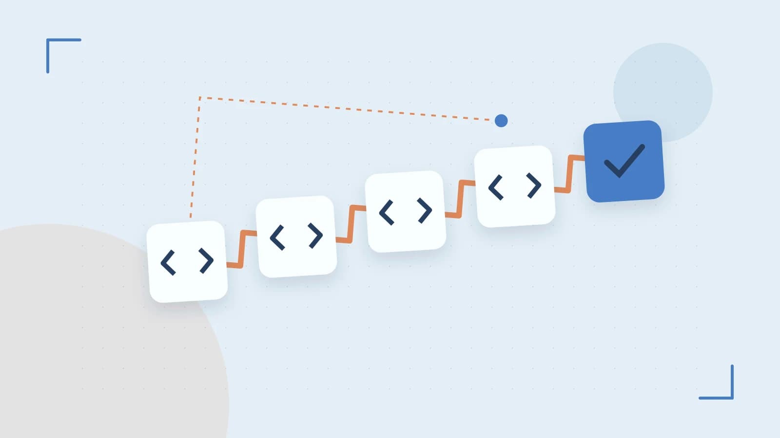 Editorial illustration of a branching build pipeline, staged transformations and a completed check