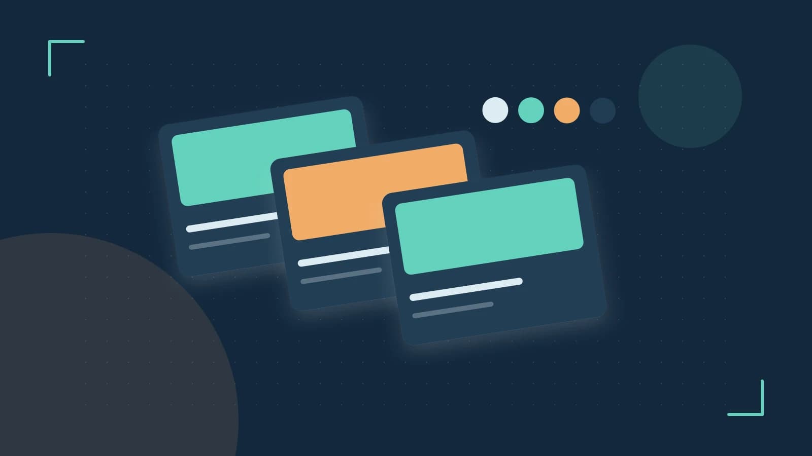 Editorial illustration of responsive browser layouts, overlapping design components and a color system