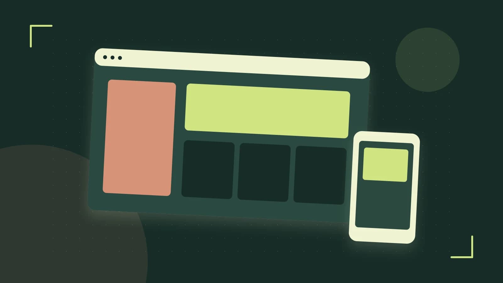 Editorial illustration of responsive browser layouts, overlapping design components and a color system