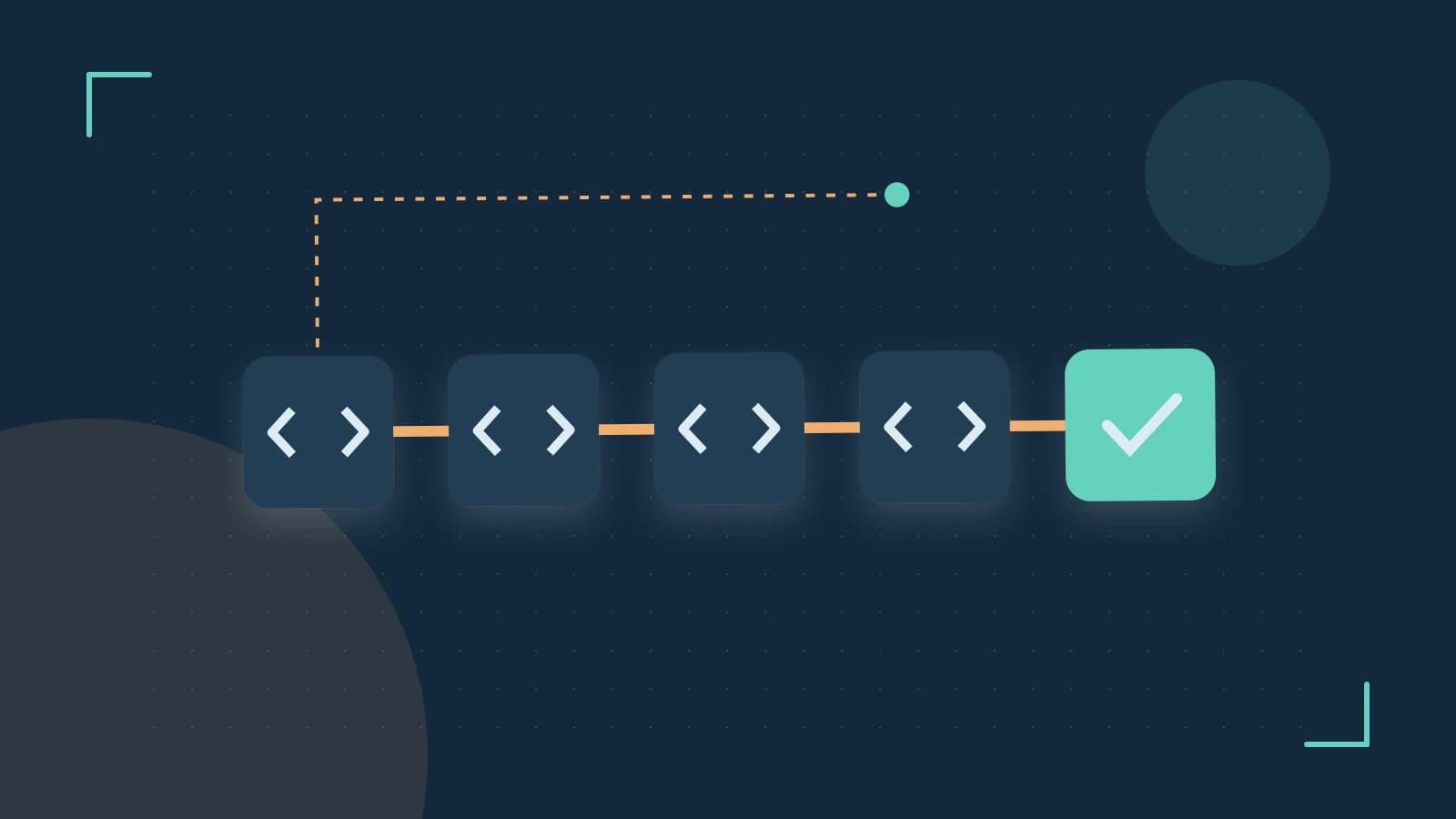 Editorial illustration of a branching build pipeline, staged transformations and a completed check