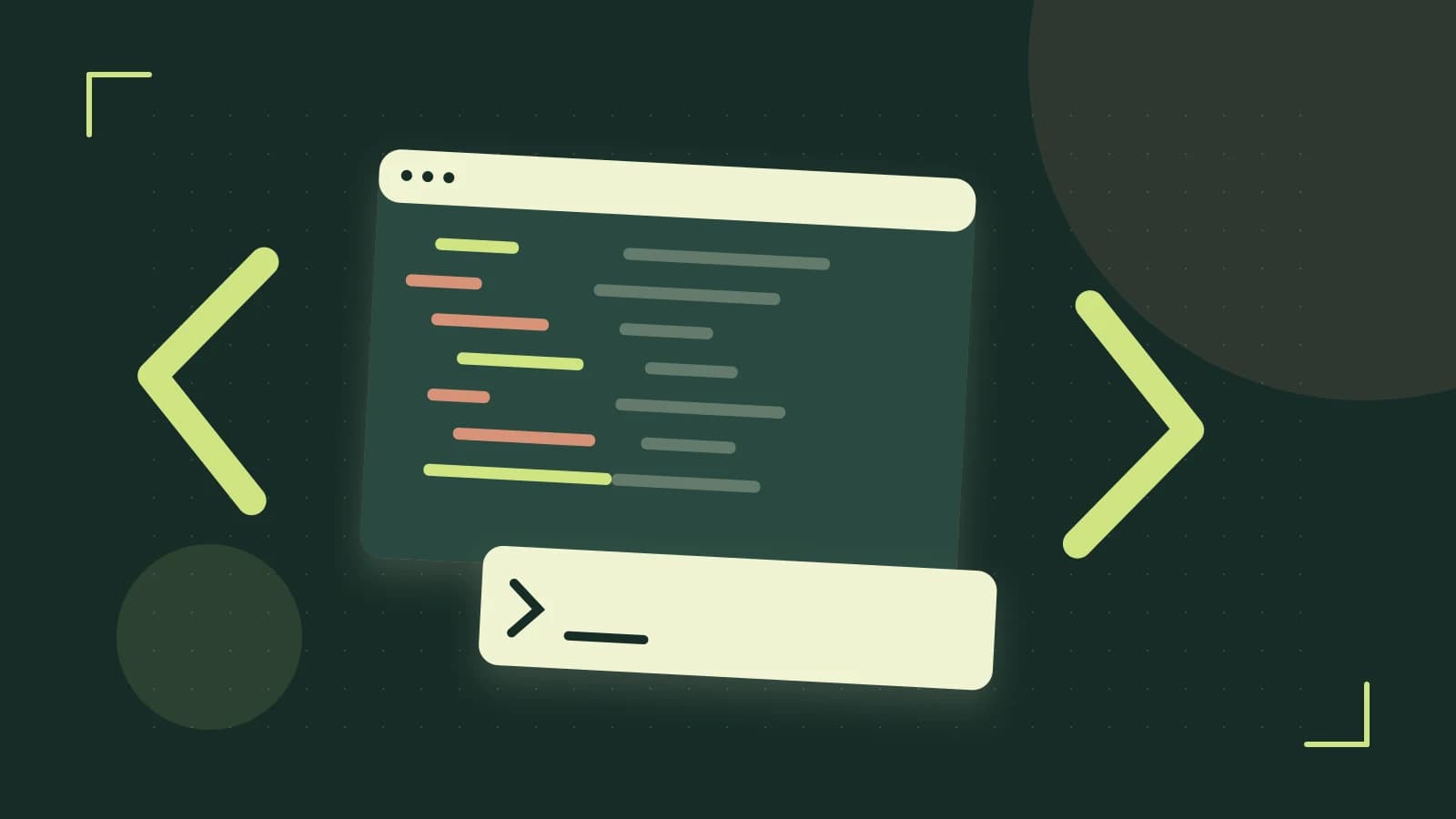Editorial illustration of an abstract code editor, syntax blocks and oversized programming brackets