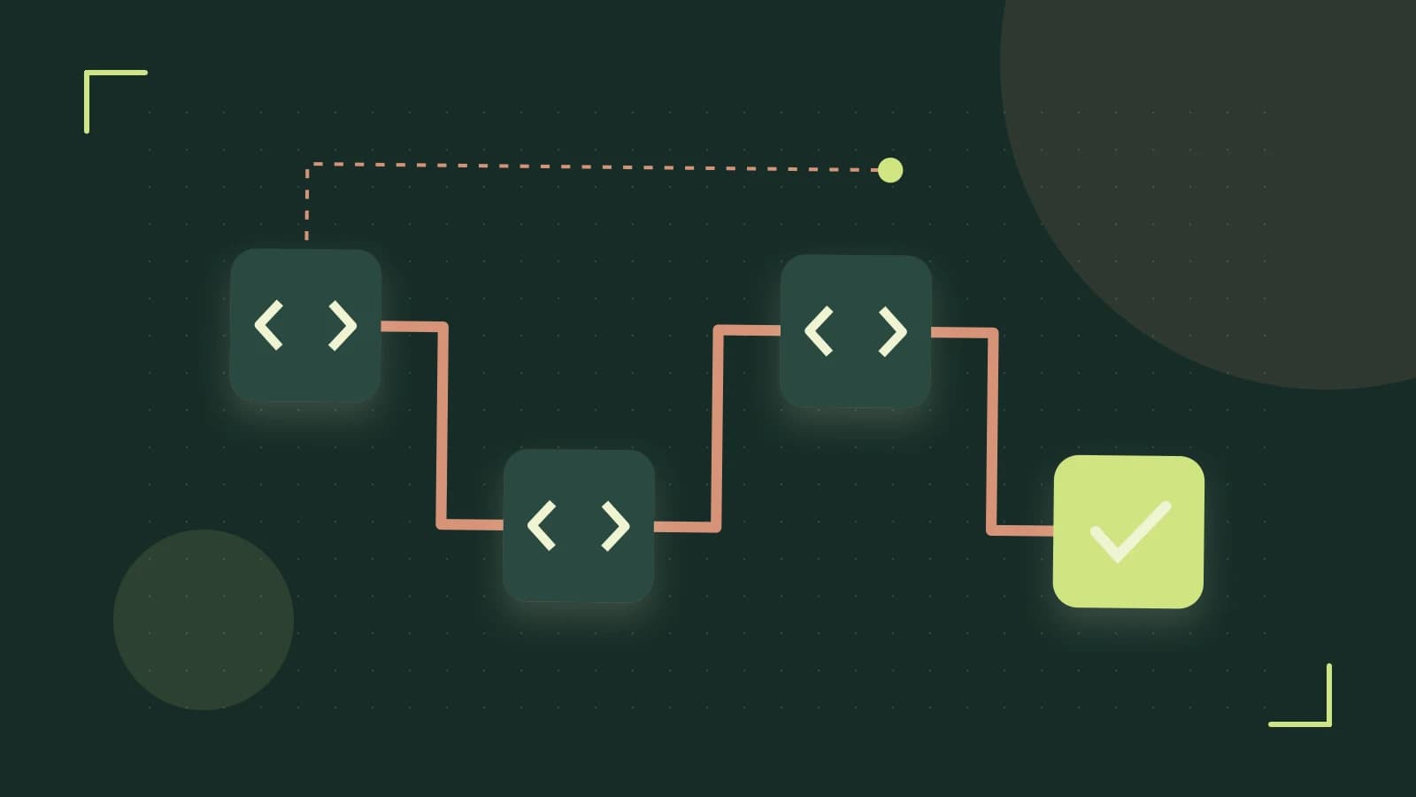 Editorial illustration of a branching build pipeline, staged transformations and a completed check