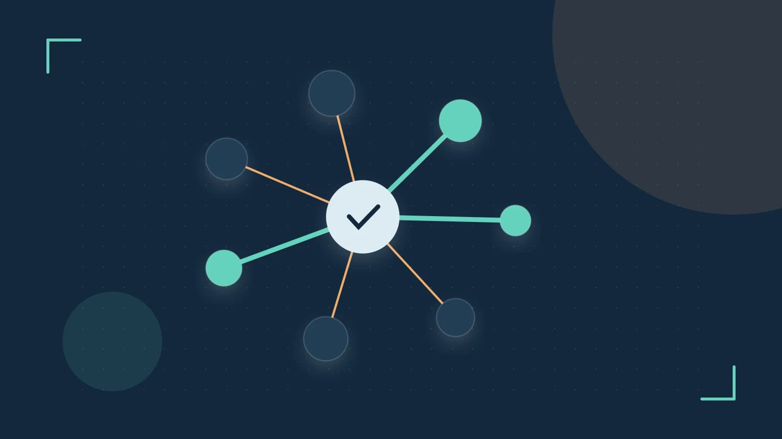 Editorial illustration of an algorithmic node graph with branching paths and a highlighted result
