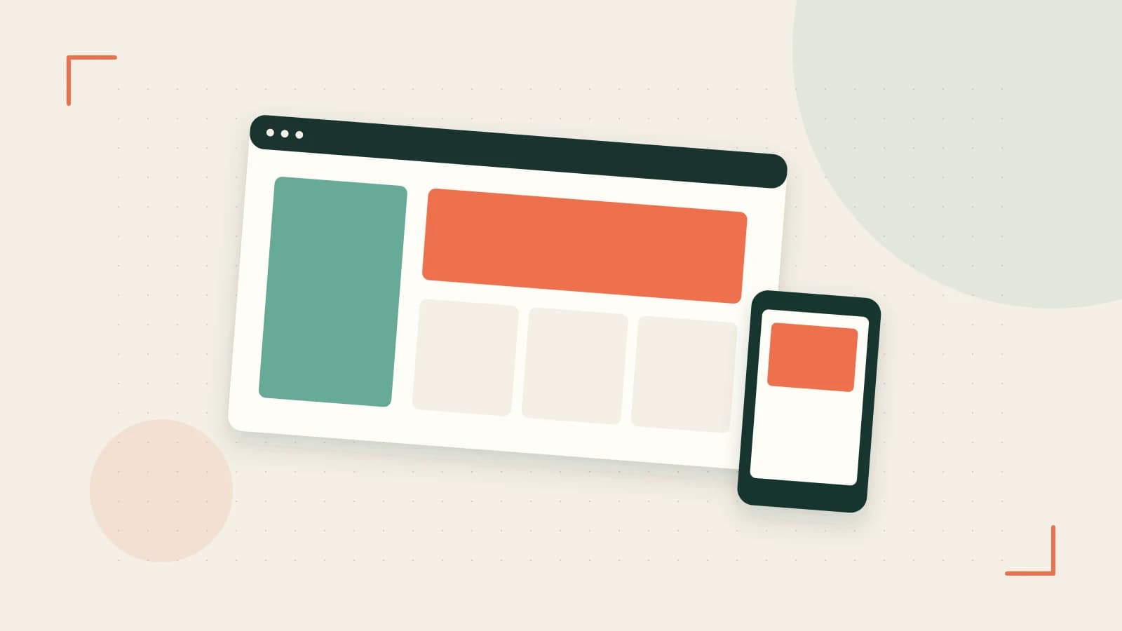 Editorial illustration of responsive browser layouts, overlapping design components and a color system