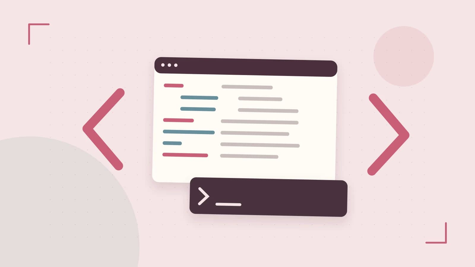 Editorial illustration of an abstract code editor, syntax blocks and oversized programming brackets