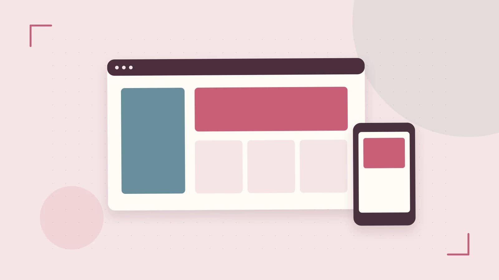 Editorial illustration of responsive browser layouts, overlapping design components and a color system