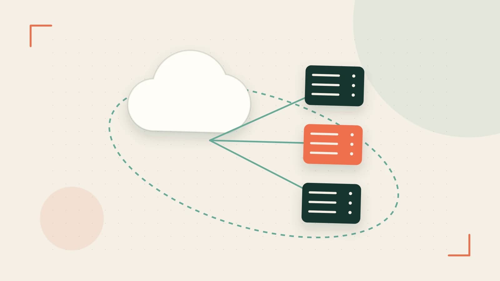 Editorial illustration of cloud infrastructure, connected server racks and an orbital service map