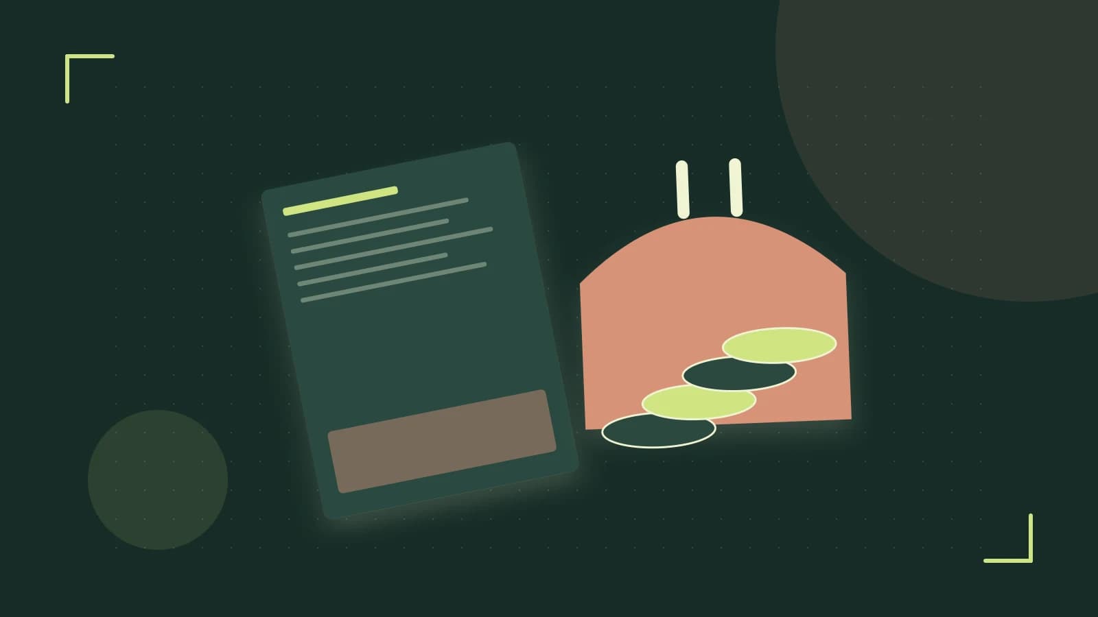 Editorial illustration of abstract coins, a payment card and a geometric financial chart without data labels