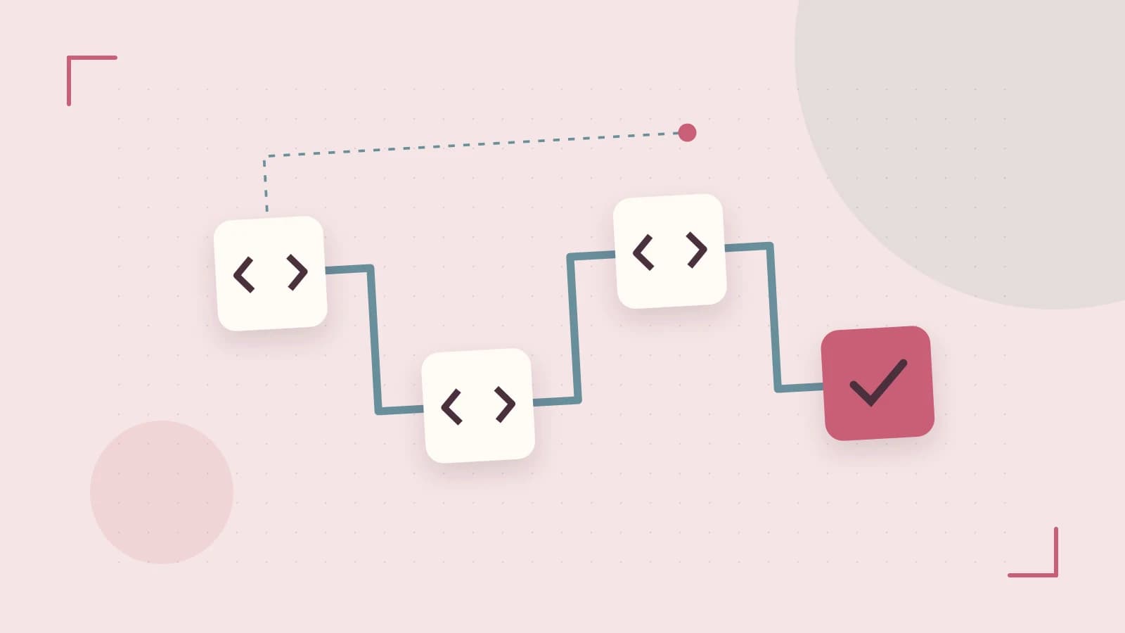 Editorial illustration of a branching build pipeline, staged transformations and a completed check