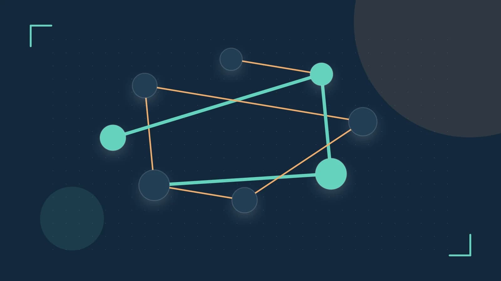 Editorial illustration of an algorithmic node graph with branching paths and a highlighted result