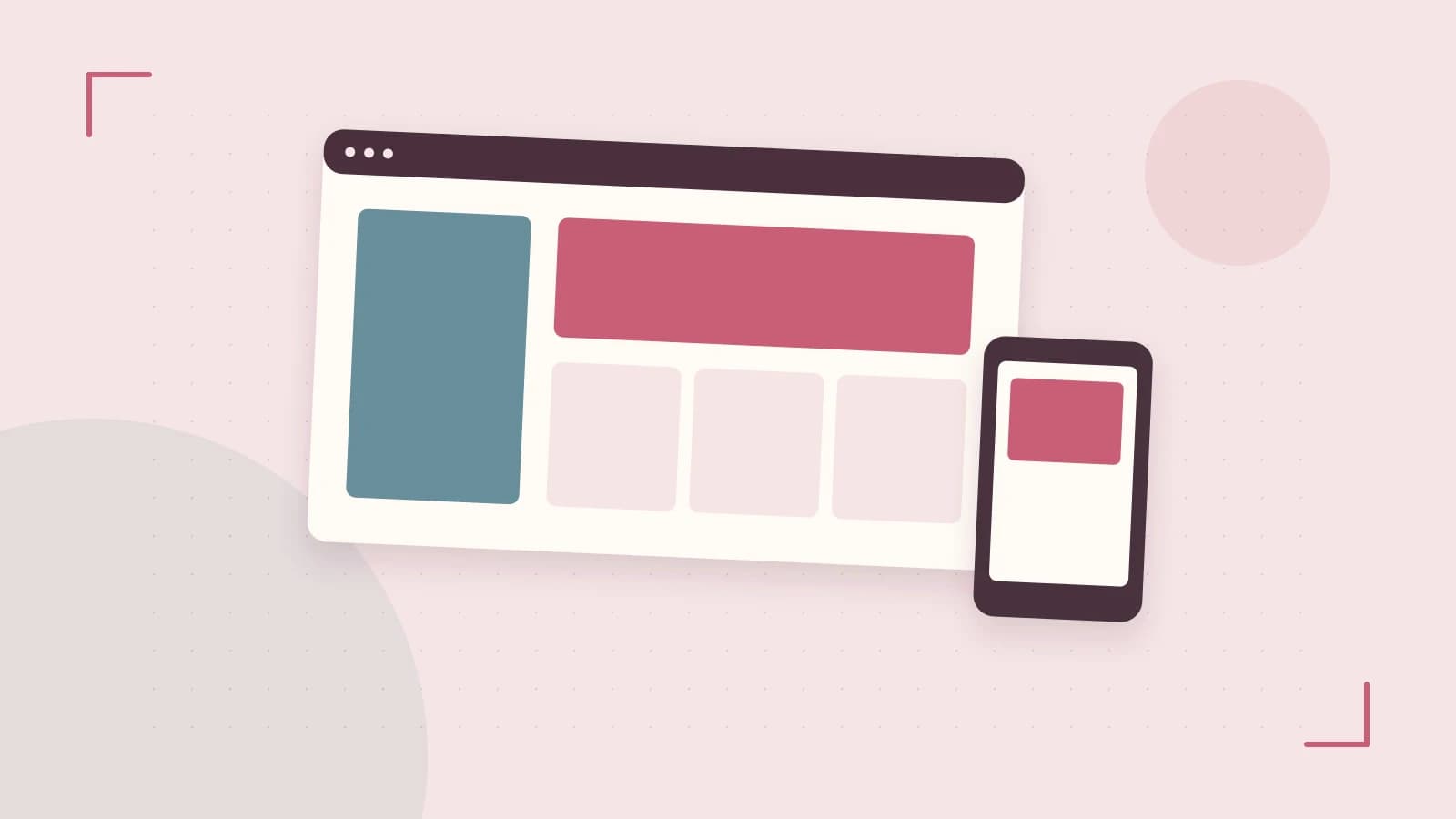 Editorial illustration of responsive browser layouts, overlapping design components and a color system