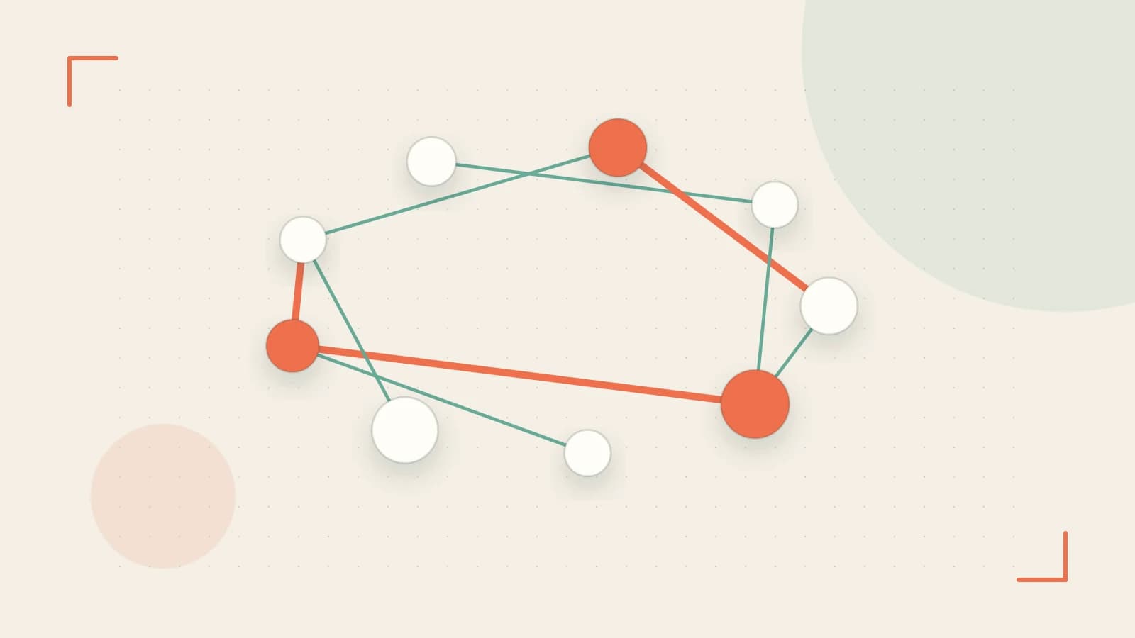 Editorial illustration of an algorithmic node graph with branching paths and a highlighted result