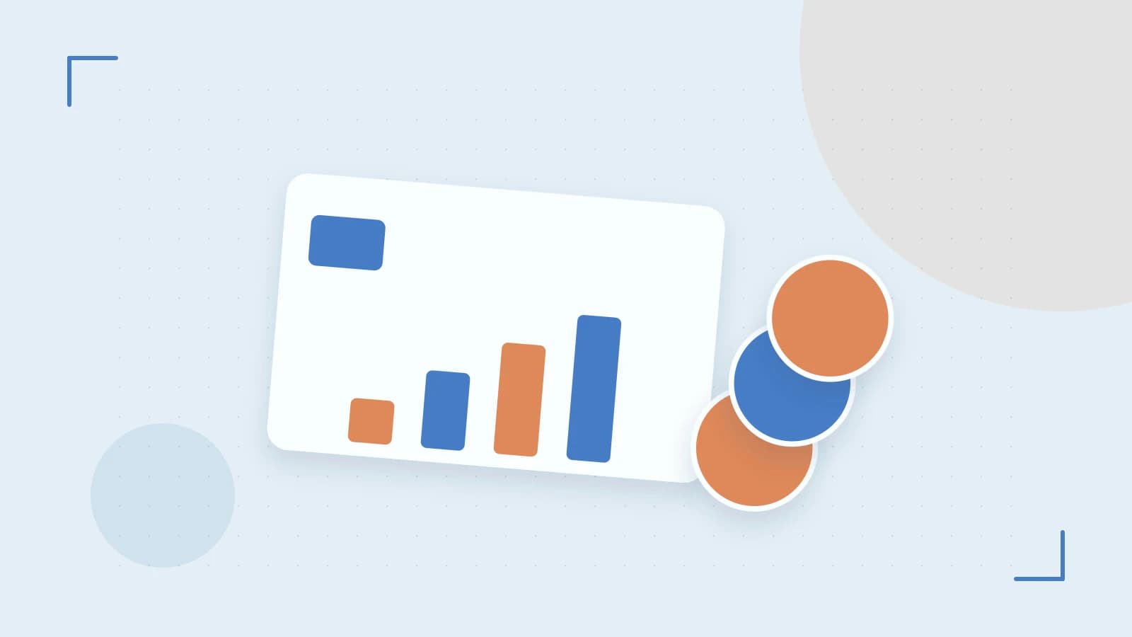 Editorial illustration of abstract coins, a payment card and a geometric financial chart without data labels