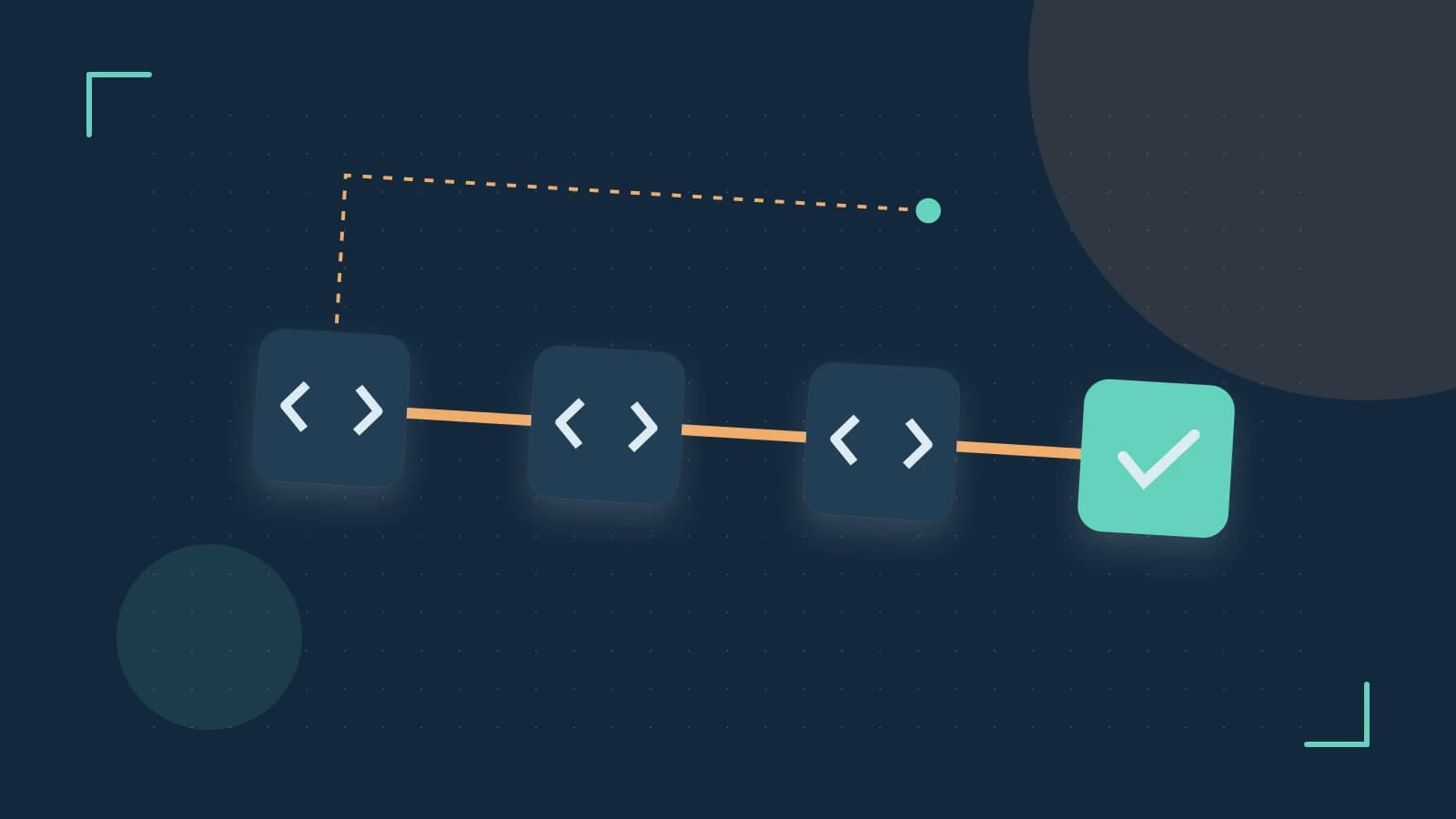 Editorial illustration of a branching build pipeline, staged transformations and a completed check