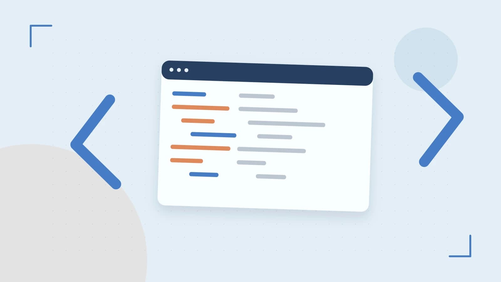 Editorial illustration of an abstract code editor, syntax blocks and oversized programming brackets