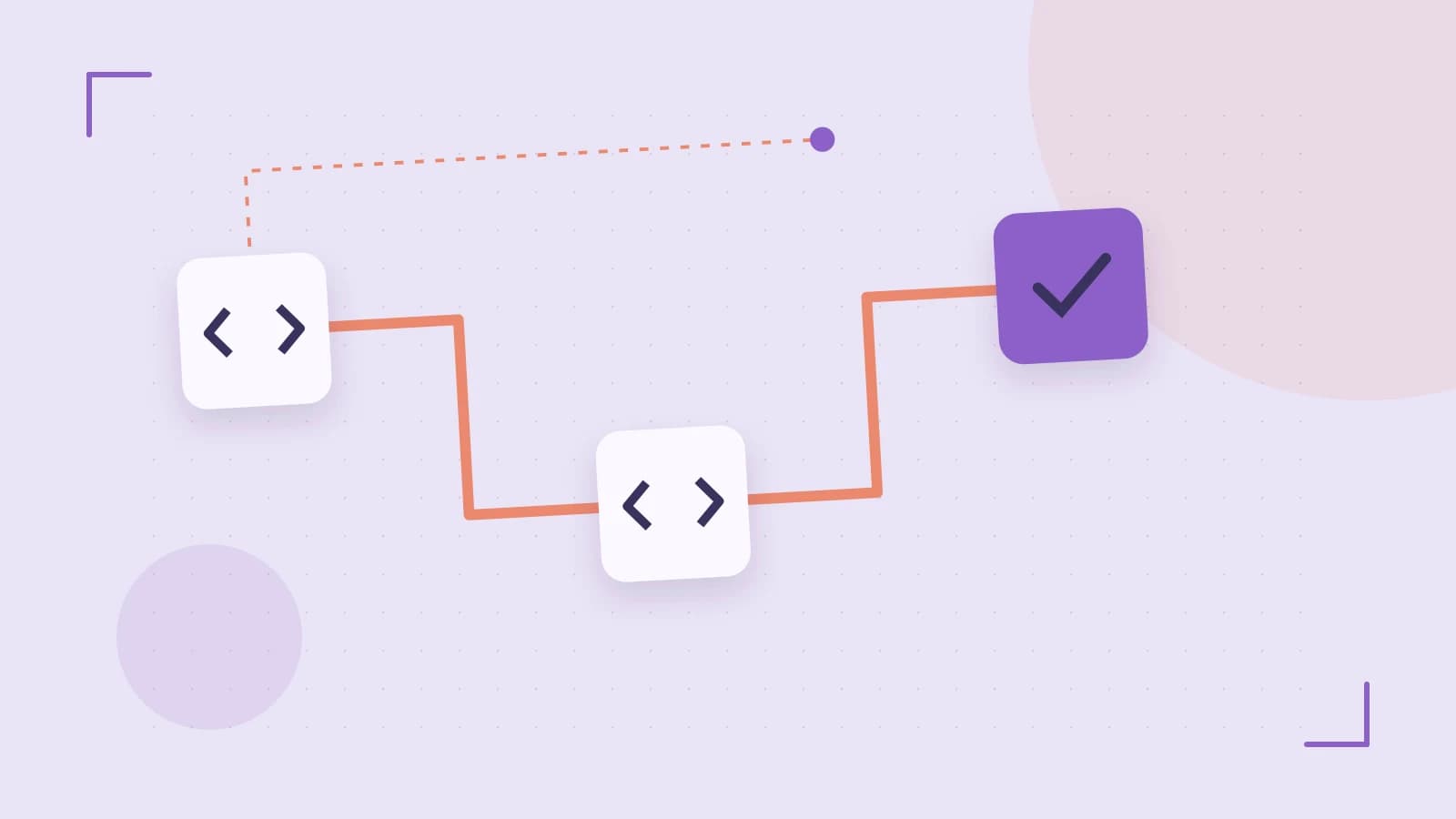 Editorial illustration of a branching build pipeline, staged transformations and a completed check