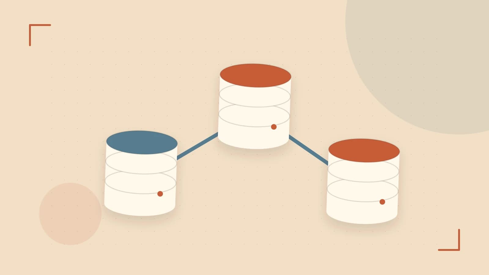 Editorial illustration of structured records, database cylinders and relationships between tables