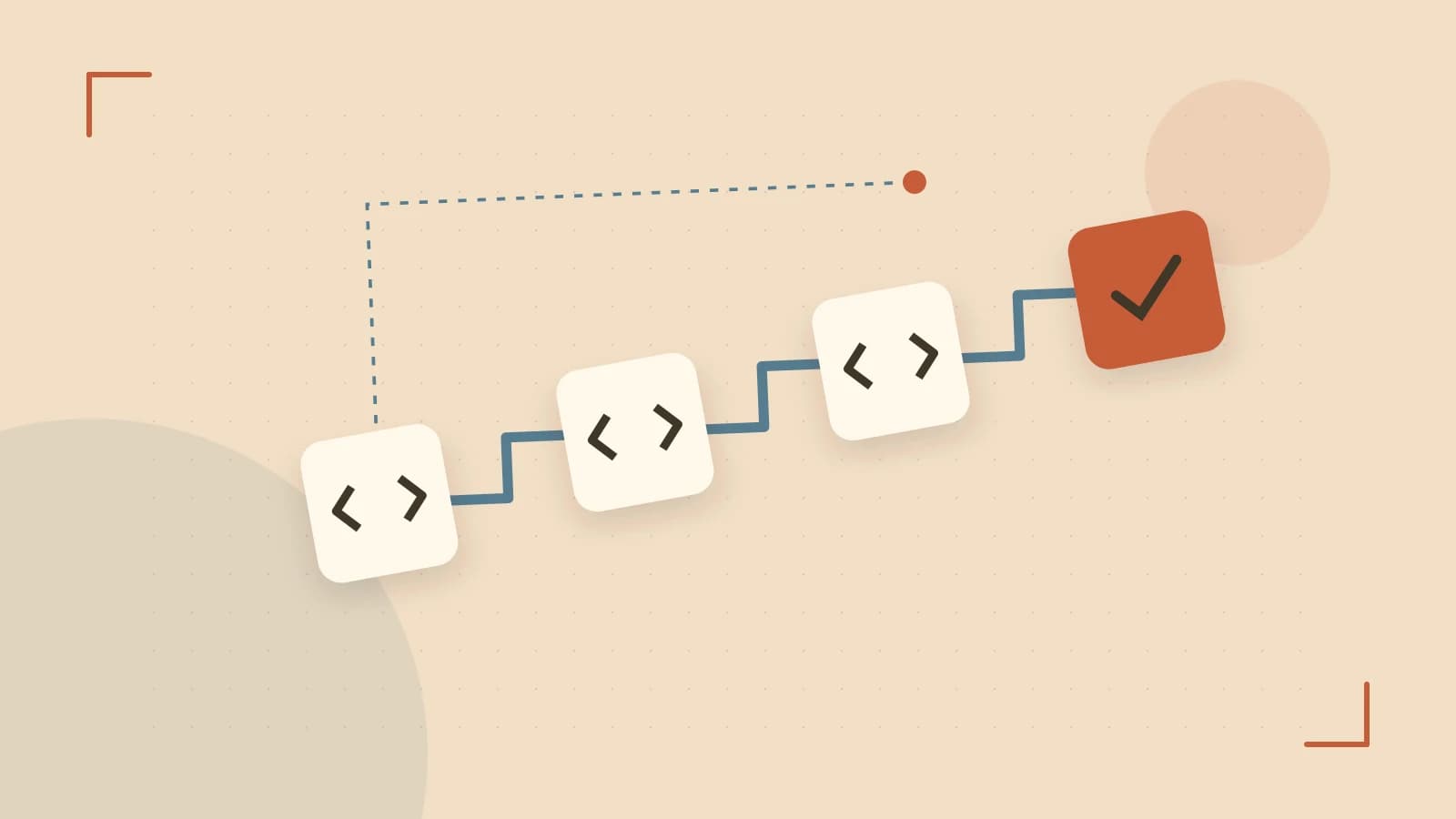 Editorial illustration of a branching build pipeline, staged transformations and a completed check