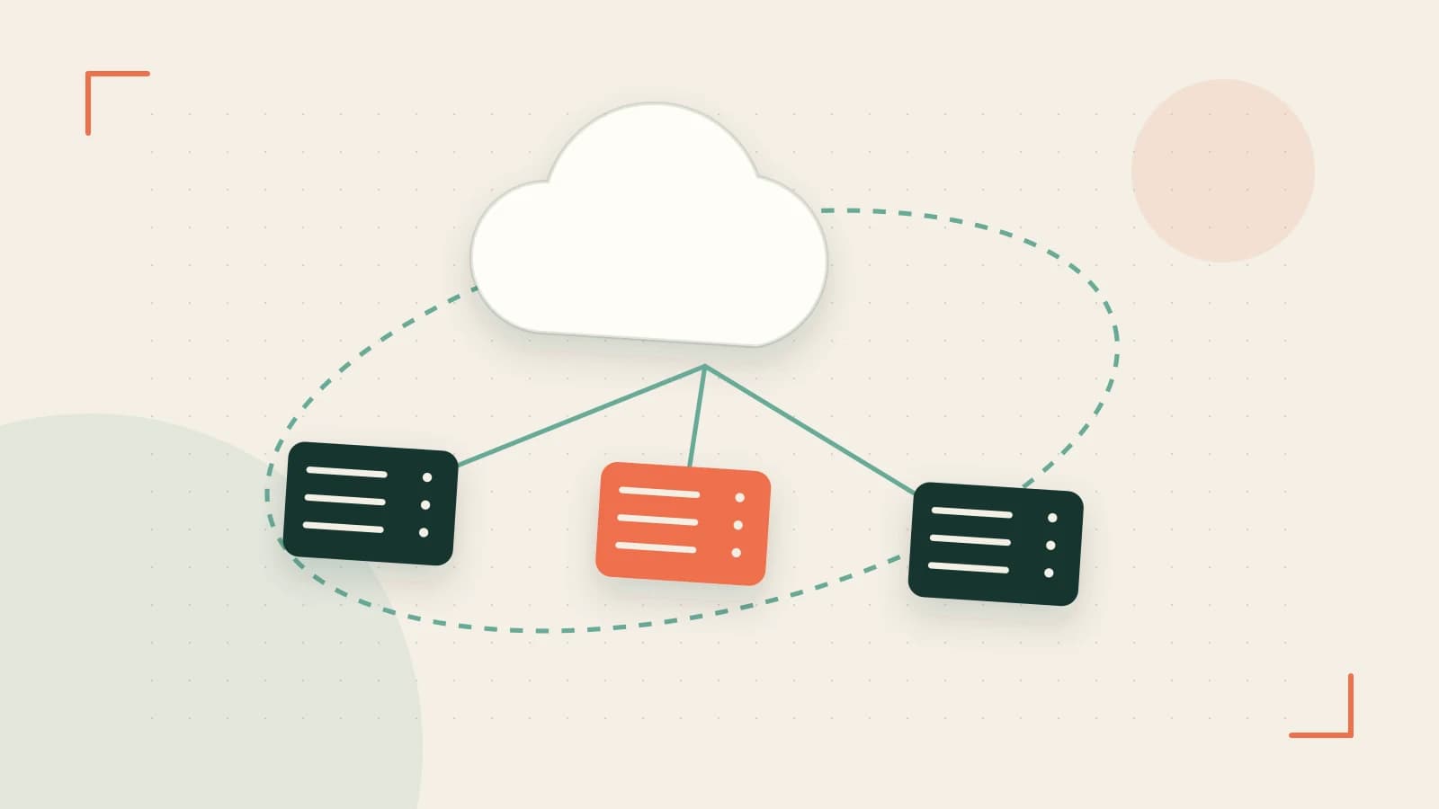 Editorial illustration of cloud infrastructure, connected server racks and an orbital service map