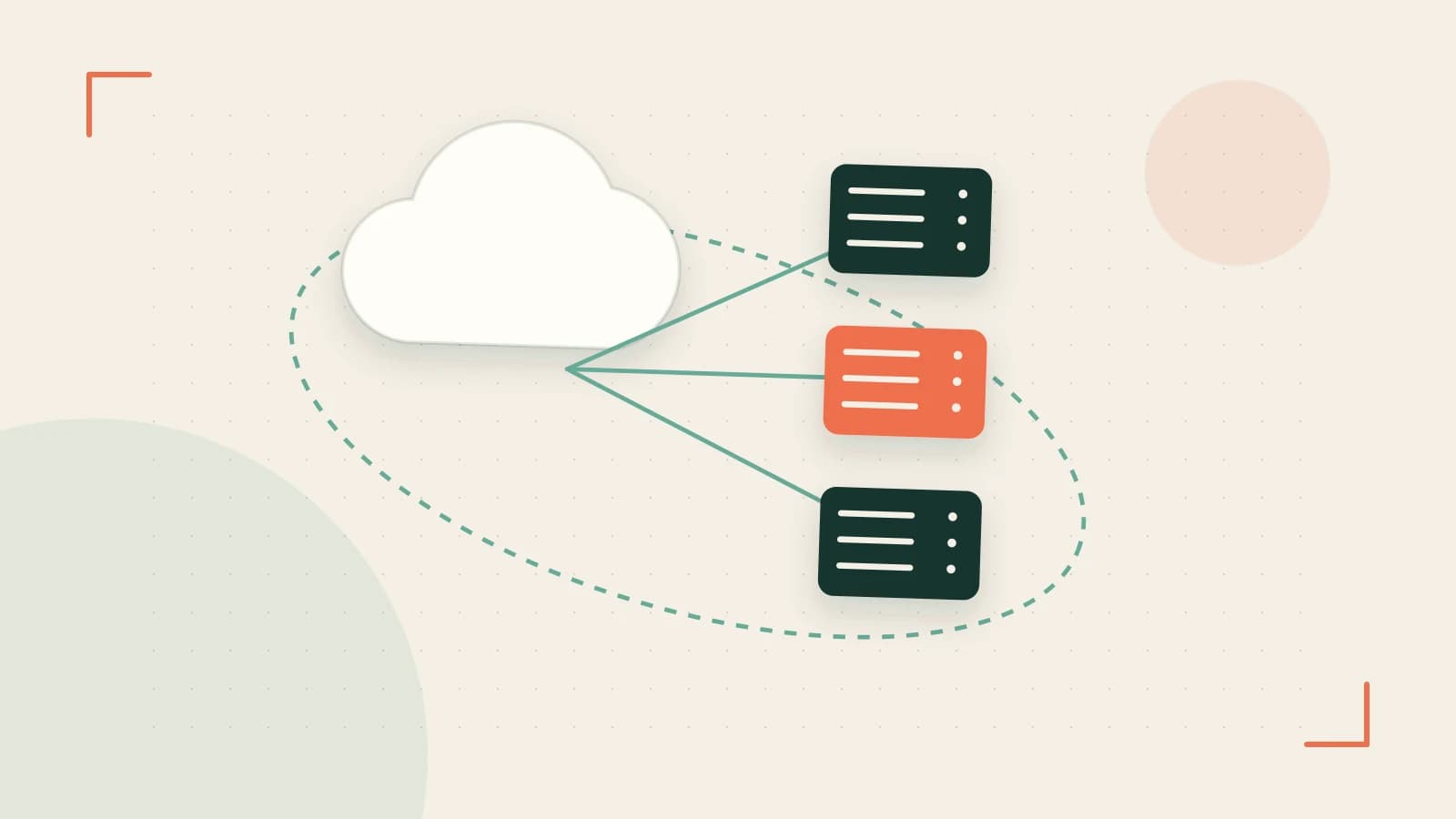 Editorial illustration of cloud infrastructure, connected server racks and an orbital service map