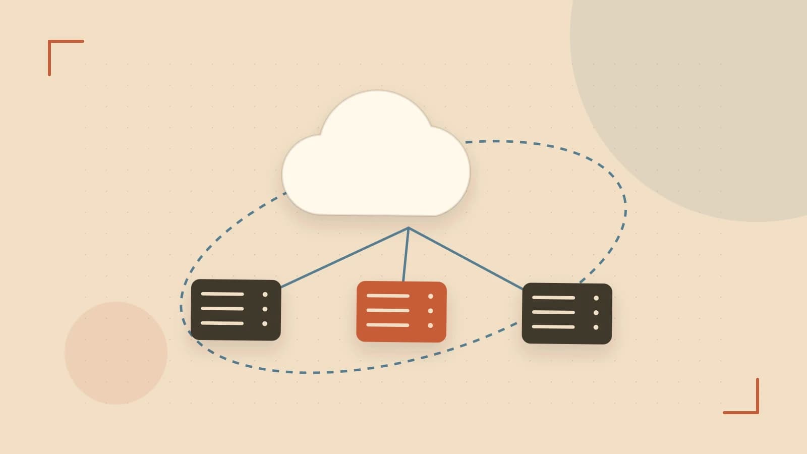 Editorial illustration of cloud infrastructure, connected server racks and an orbital service map