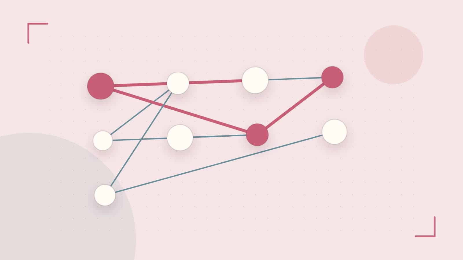 Editorial illustration of an algorithmic node graph with branching paths and a highlighted result
