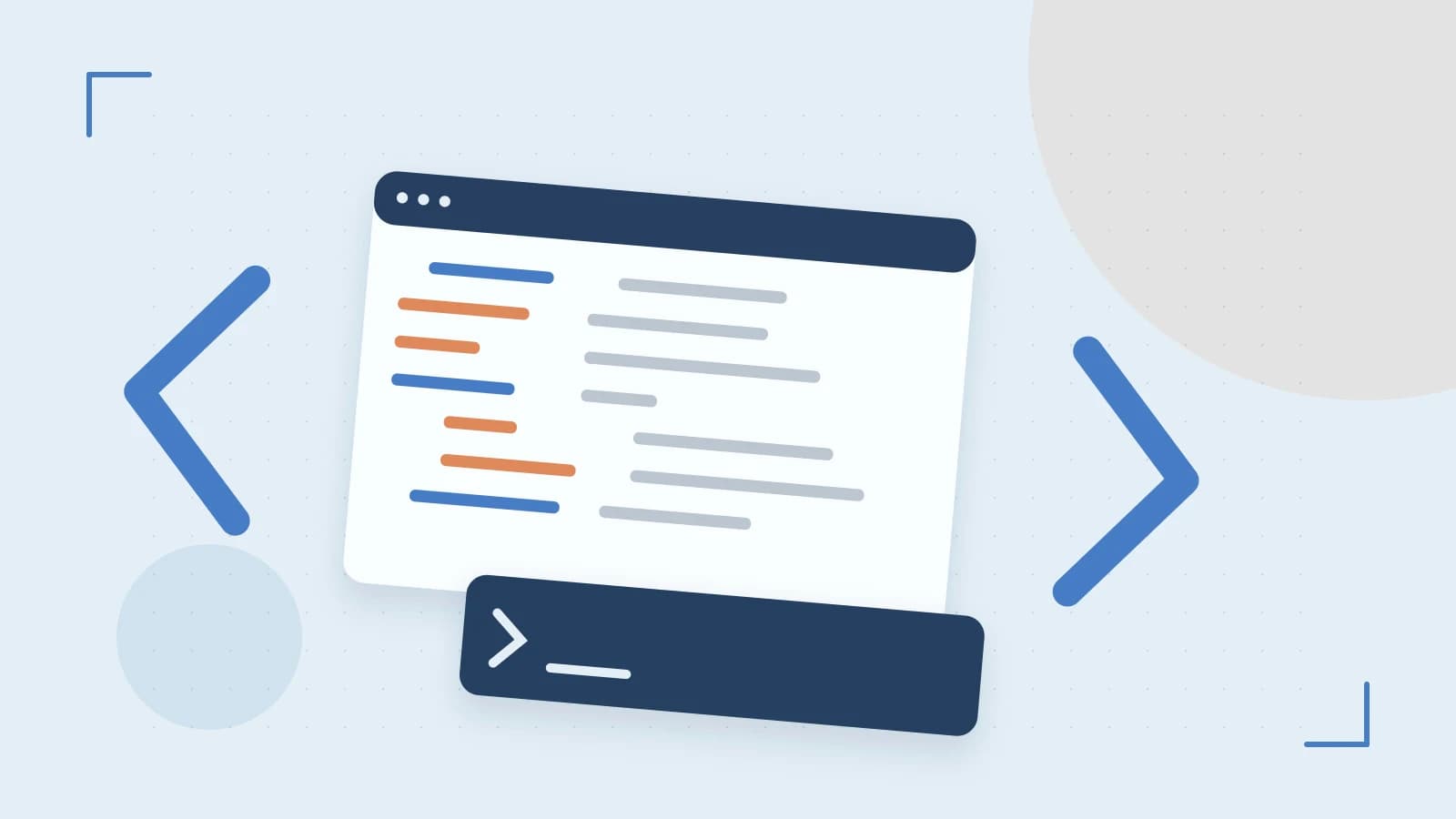 Editorial illustration of an abstract code editor, syntax blocks and oversized programming brackets