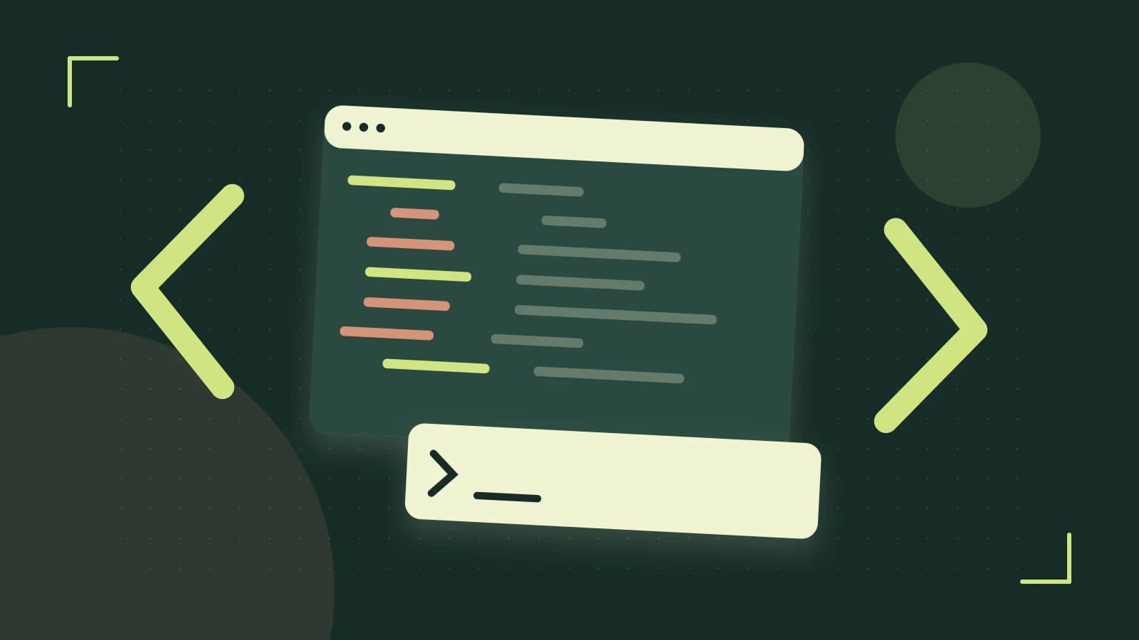Editorial illustration of an abstract code editor, syntax blocks and oversized programming brackets