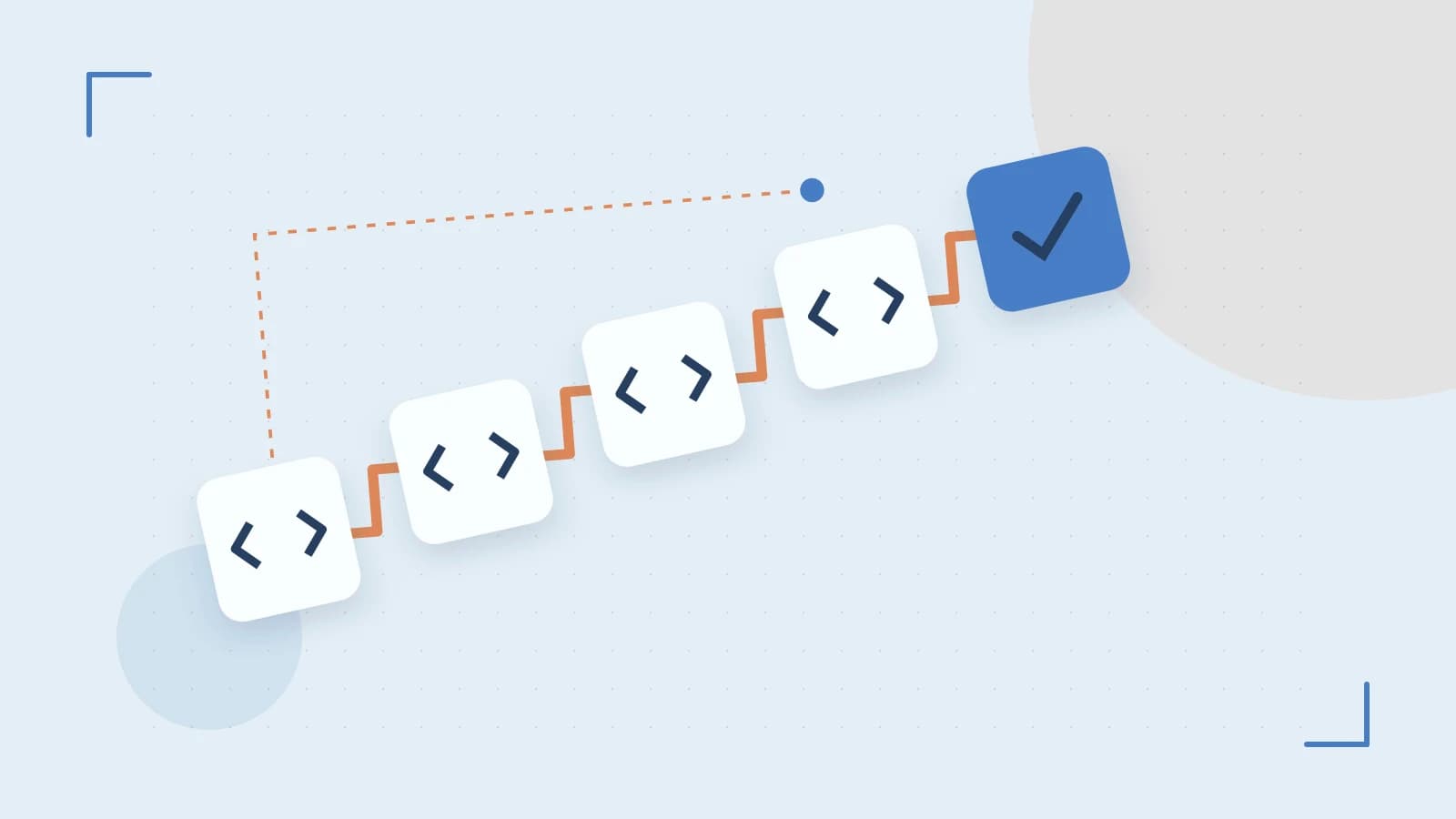 Editorial illustration of a branching build pipeline, staged transformations and a completed check