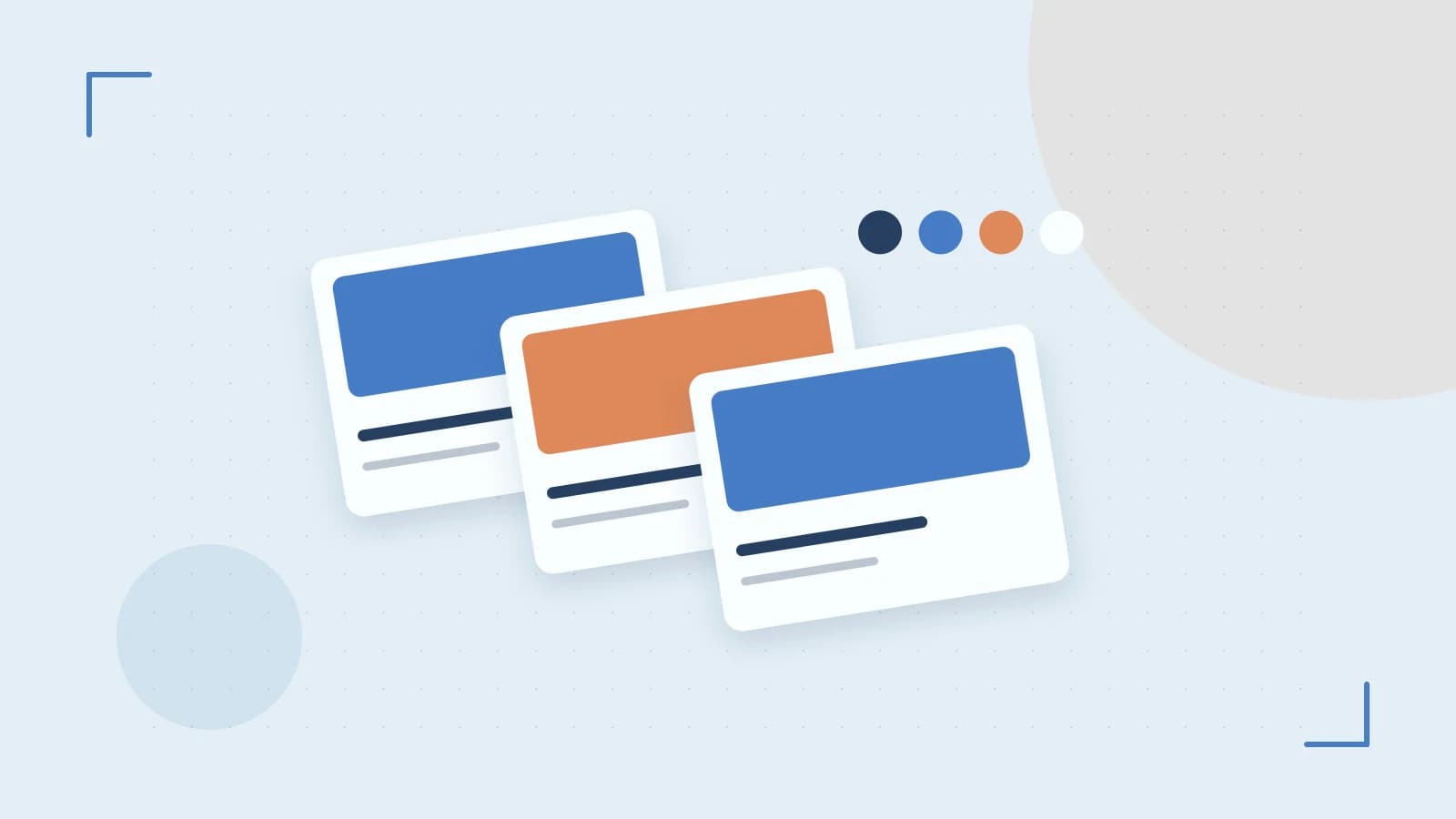Editorial illustration of responsive browser layouts, overlapping design components and a color system
