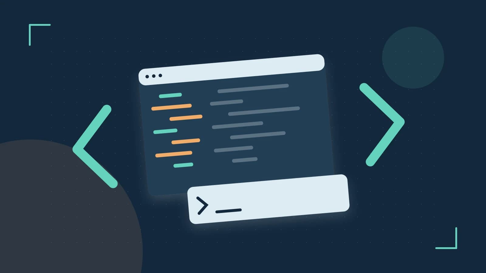 Editorial illustration of an abstract code editor, syntax blocks and oversized programming brackets