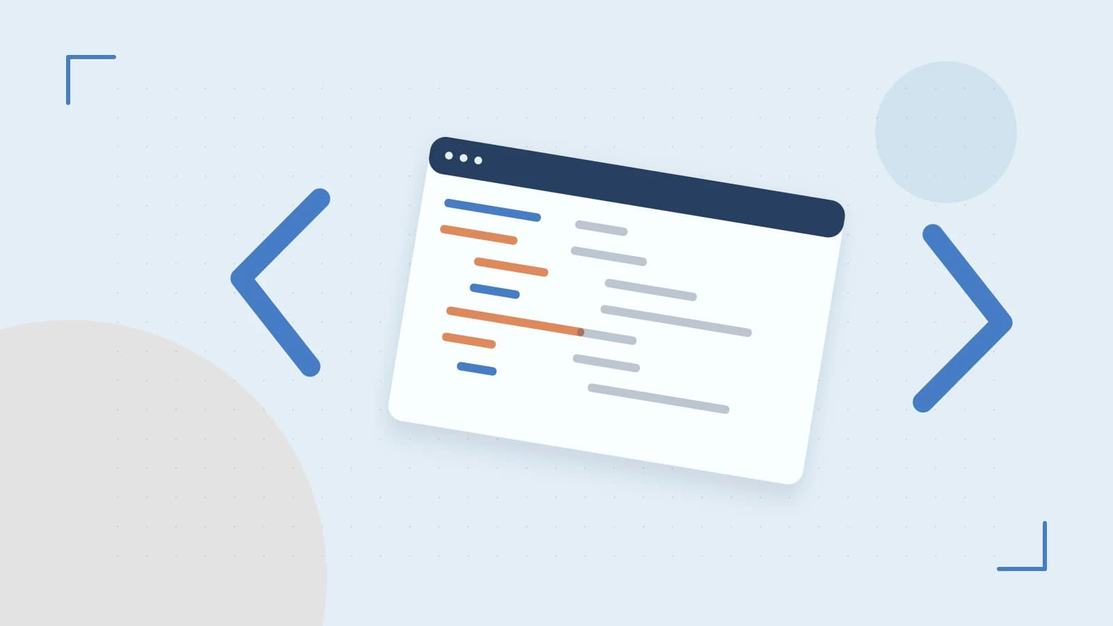 Editorial illustration of an abstract code editor, syntax blocks and oversized programming brackets