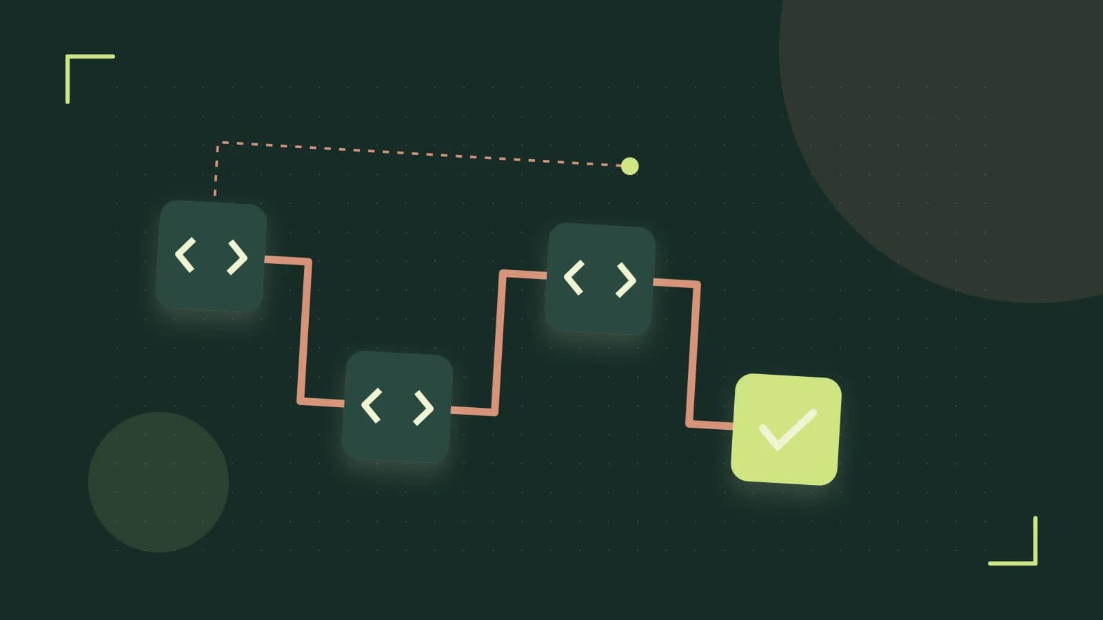 Editorial illustration of a branching build pipeline, staged transformations and a completed check