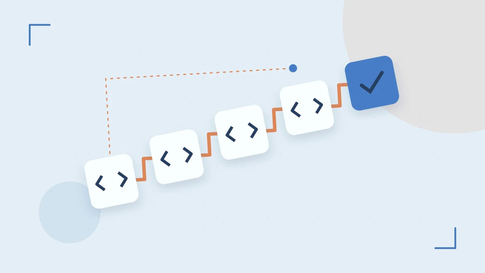 Editorial illustration of a branching build pipeline, staged transformations and a completed check