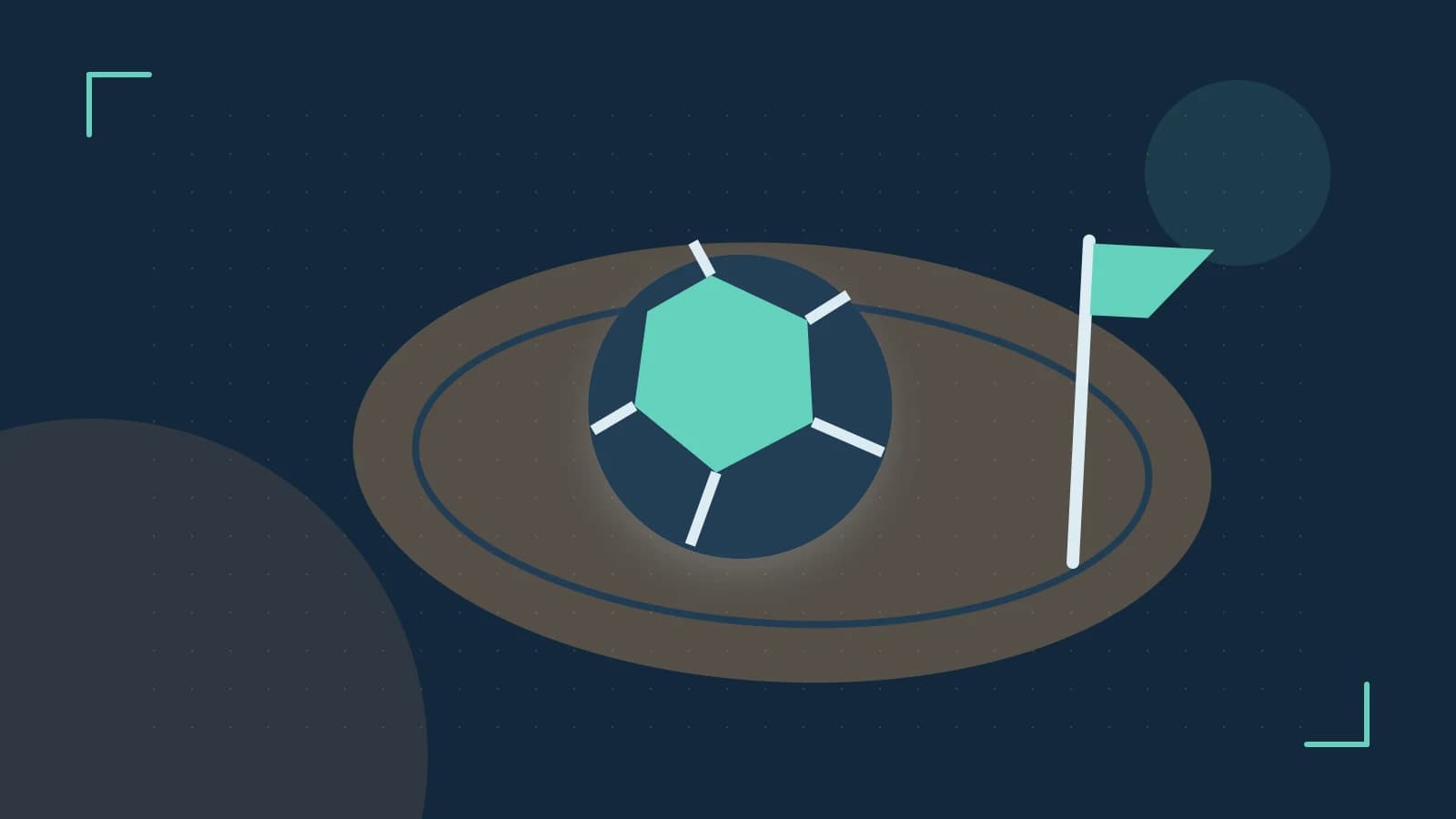 Editorial illustration of a stylized sports ball, stadium geometry and dynamic arcs
