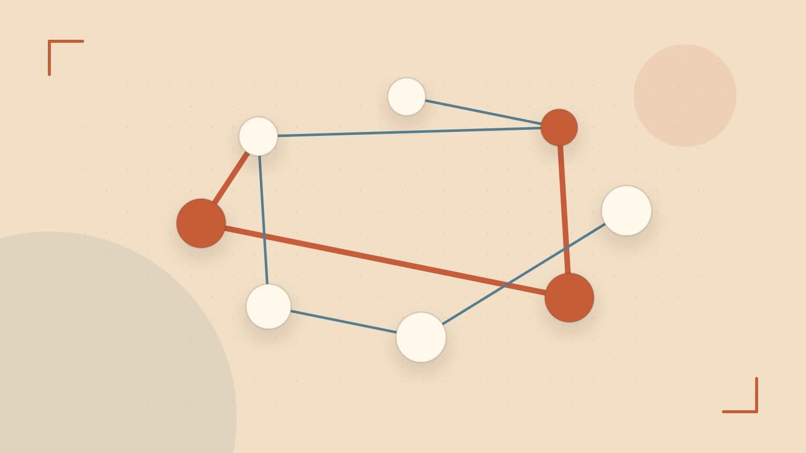Editorial illustration of an algorithmic node graph with branching paths and a highlighted result