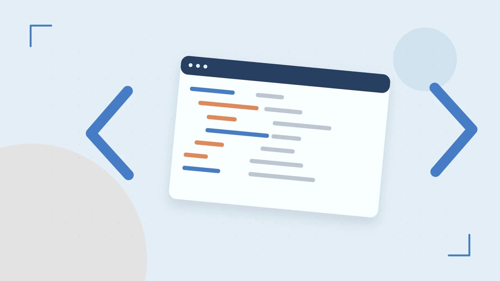 Editorial illustration of an abstract code editor, syntax blocks and oversized programming brackets