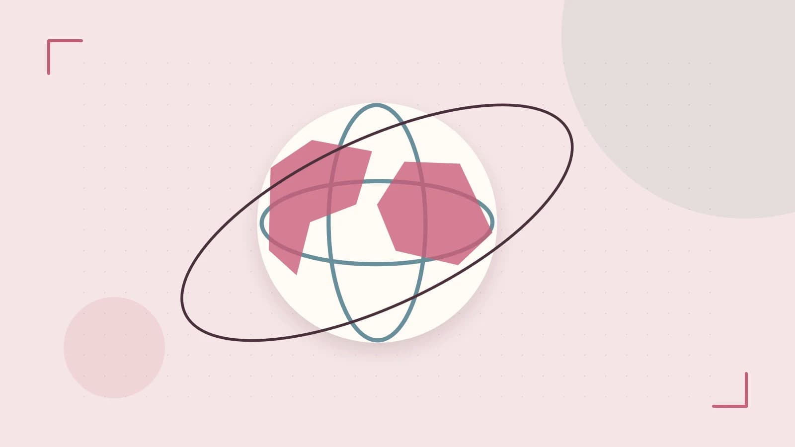 Editorial illustration of an editorial globe with meridians and layered geographic shapes