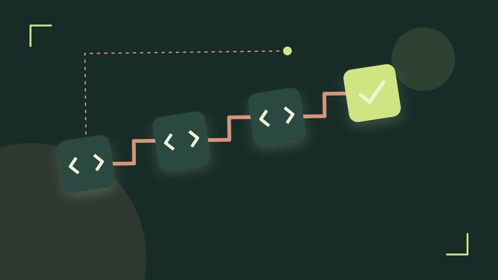 Editorial illustration of a branching build pipeline, staged transformations and a completed check