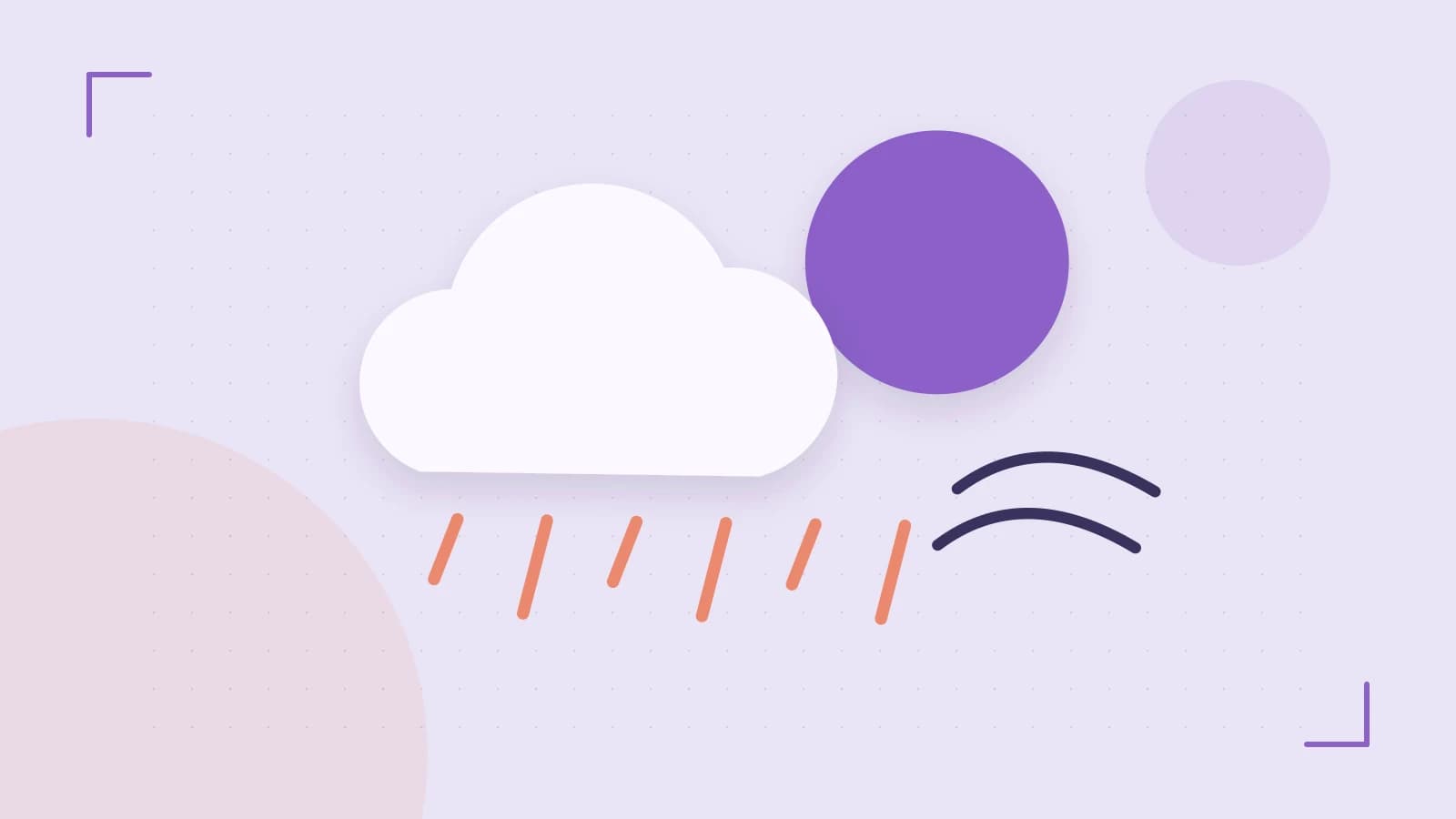 Editorial illustration of a sun, layered clouds, raindrops and flowing weather patterns