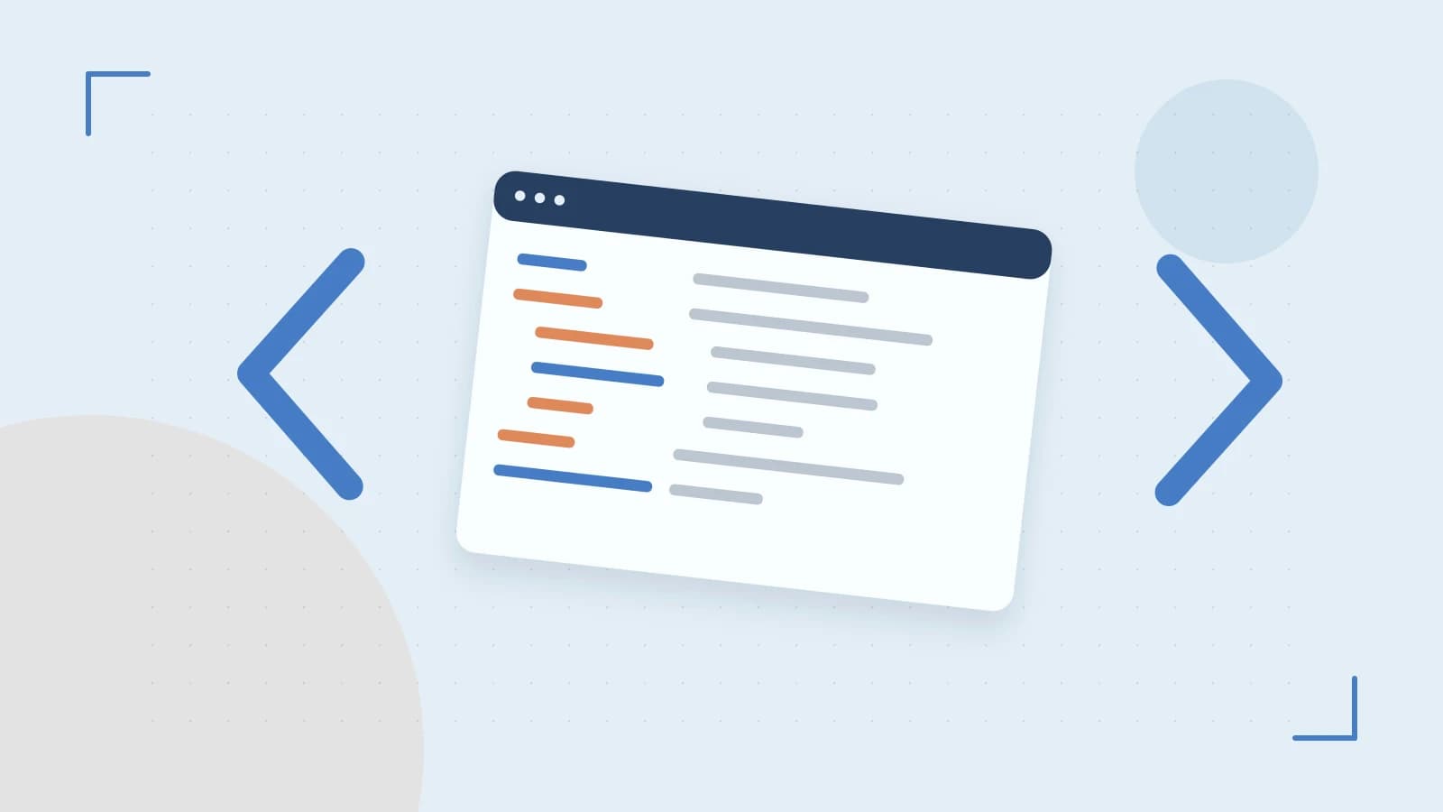 Editorial illustration of an abstract code editor, syntax blocks and oversized programming brackets