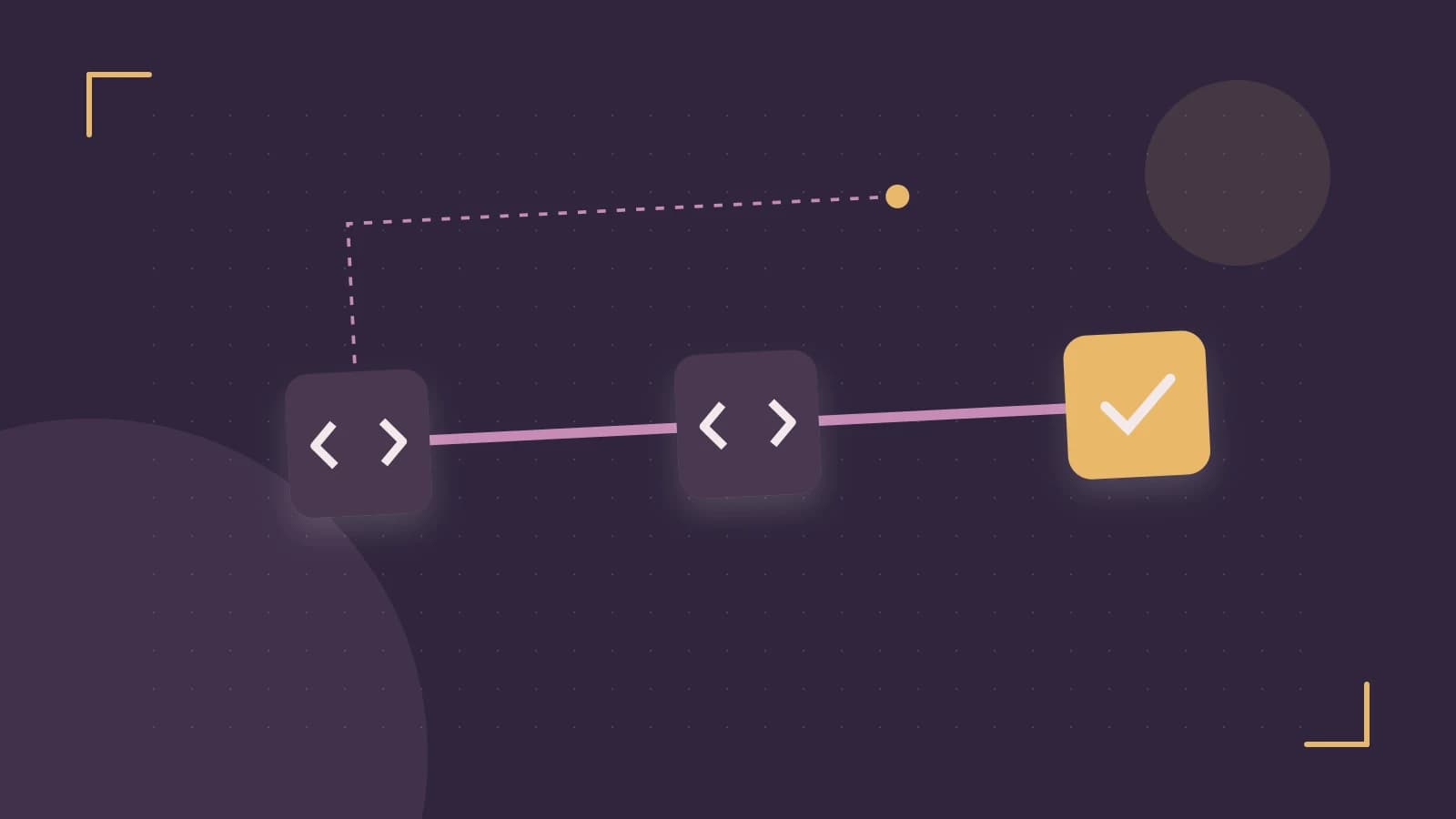 Editorial illustration of a branching build pipeline, staged transformations and a completed check