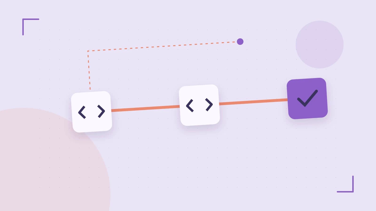 Editorial illustration of a branching build pipeline, staged transformations and a completed check