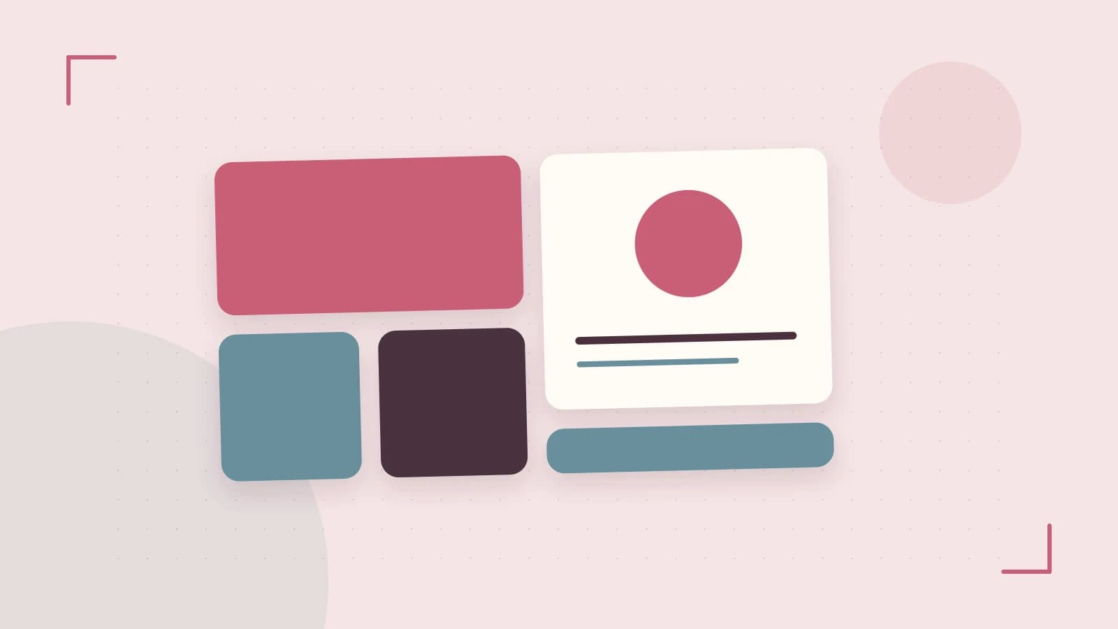 Editorial illustration of responsive browser layouts, overlapping design components and a color system