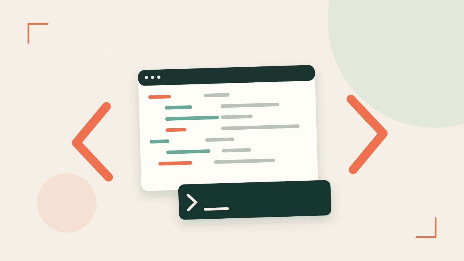 Editorial illustration of an abstract code editor, syntax blocks and oversized programming brackets