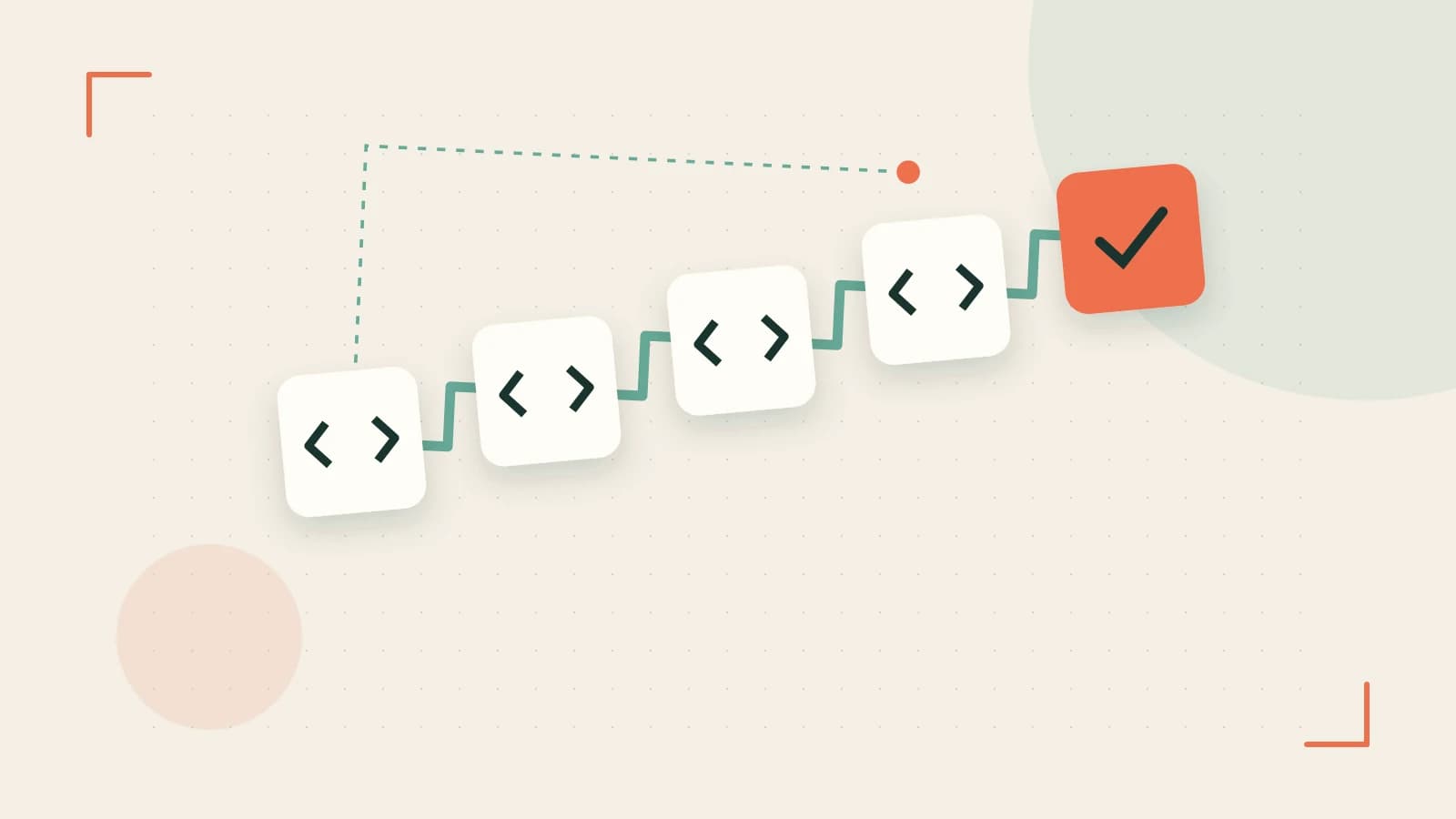 Editorial illustration of a branching build pipeline, staged transformations and a completed check