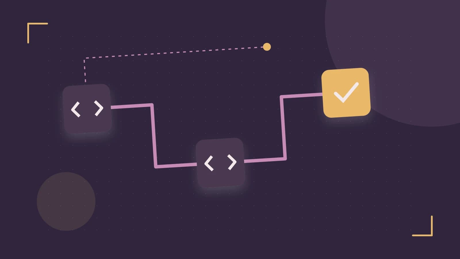 Editorial illustration of a branching build pipeline, staged transformations and a completed check