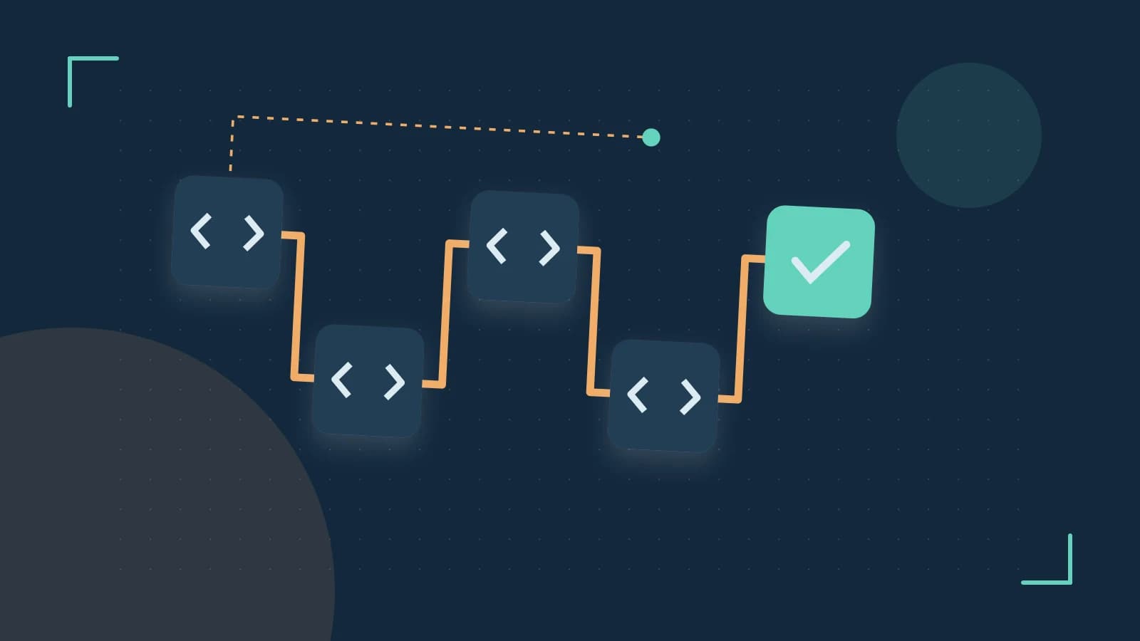 Editorial illustration of a branching build pipeline, staged transformations and a completed check