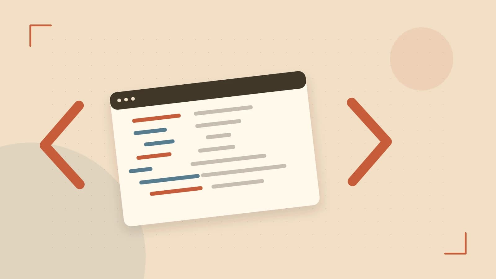 Editorial illustration of an abstract code editor, syntax blocks and oversized programming brackets