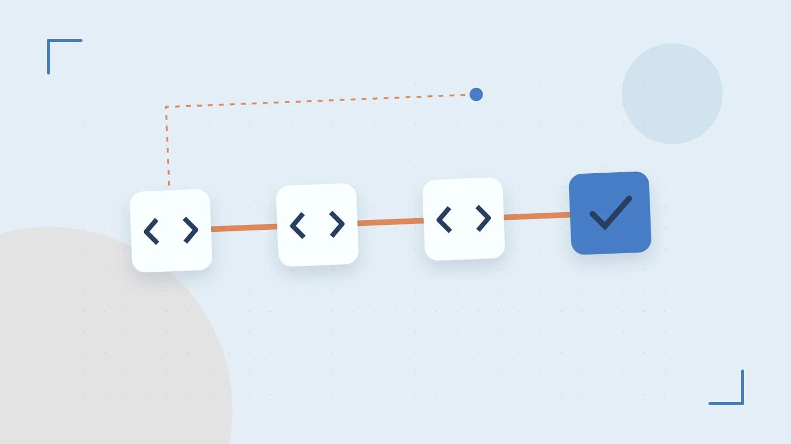 Editorial illustration of a branching build pipeline, staged transformations and a completed check